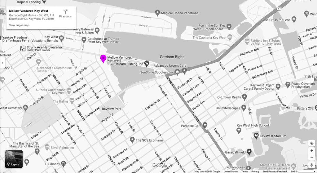 screen shot of a google map with the pin on Mellow Ventures Key West