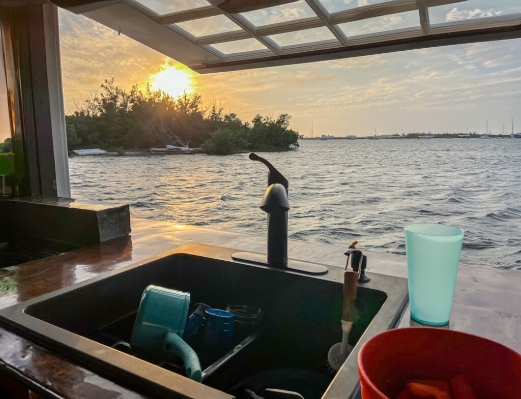 photo of the view from the kitchen sink of a houseboat