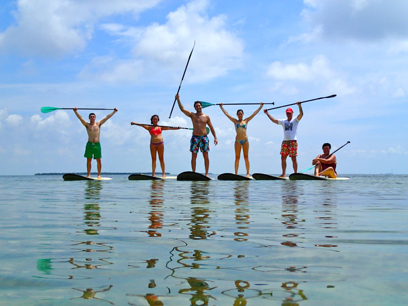 photo of a group of people on paddle boards on the water holding their paddles up above their heads