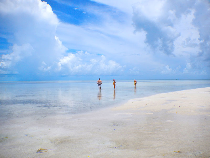a photo of three people standing in calm shallow ocean water